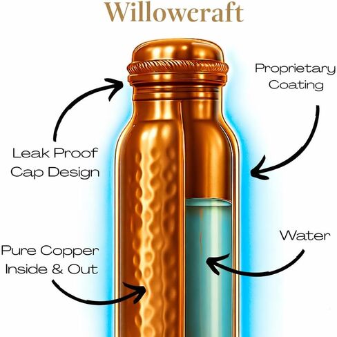 Copper Water Bottle (34oz/1000ml) 100% Pure Handmade Hammered Ayurvedic Pure Copper Vessel for Drinking Heavy Duty & Leak-proof in Saudi Arabia