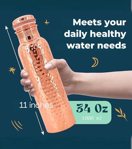 Copper Water Bottle (34oz/1000ml) 100% Pure Handmade Hammered Ayurvedic Pure Copper Vessel for Drinking Heavy Duty & Leak-proof in Saudi Arabia