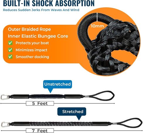 Boat Accessories 5 Feet Premium Bungee Boat Lines 30cm Extended Loop with 316 Stainless Clip for Mooring for Jet Ski, SeaDoo, Yamaha WaveRunner Dinghy Pontoon Accessories Boating Gifts(Black) in Saudi Arabia