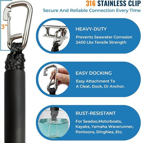 إكسسوارات القوارب بطول 5 أقدام، خطوط قارب بنجي ممتازة، حلقة ممتدة 30 سم مع مشبك من الفولاذ المقاوم للصدأ 316 لرسو جت سكي، سيدو، ياماها ويفر رانر دينجي بونتون، هدايا القوارب (أسود) in Kuwait