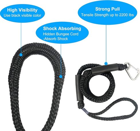 بنجي دوك لاينز 4FT 2-Pack مع مشابك غير قابلة للصدأ - حبال رسو بحرية للقوارب والزلاجات النفاثة والطوافات - ممتصة للصدمات (أسود) in Saudi Arabia