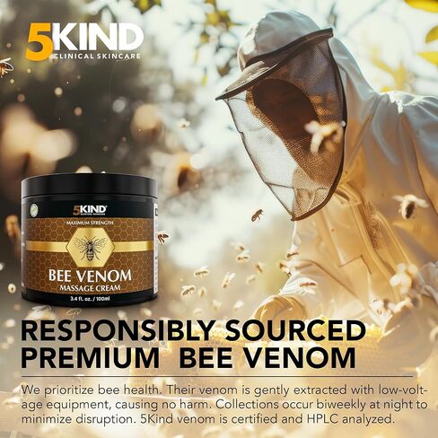كريم سم النحل ذو القوة القصوى من 5kind - تدليك المفاصل والعضلات بشكل طبيعي، أسفل الظهر، الركبة، الرقبة، الكتف، الورك والقدمين - كريم سم النحل الفاخر من مصدر مسؤول، 3.4 أونصة سائلة in Kuwait