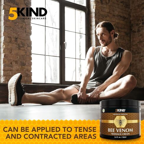 كريم سم النحل ذو القوة القصوى من 5kind - تدليك المفاصل والعضلات بشكل طبيعي، أسفل الظهر، الركبة، الرقبة، الكتف، الورك والقدمين - كريم سم النحل الفاخر من مصدر مسؤول، 3.4 أونصة سائلة in Kuwait
