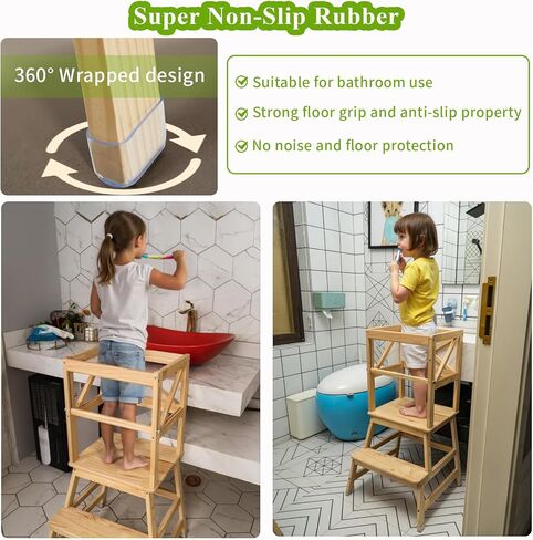 Toddler Tower,Kitchen Step Stool with CPC Certification,Sliding Anti-Fall Safety Bar,Solid Wood Kid Kitchen Stool for 18 Months to 3 Years Old(Natural) in Saudi Arabia
