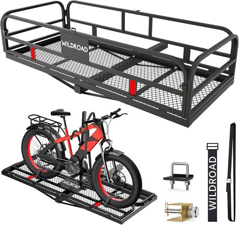 Wildroad Hitch Cargo Carrier with Bike Rack 60" x 24" x 14" Folding Trailer Hitch Cargo Carrier 500 LBS Capacity for Standard, Fat Tire and Electric Bike Fits 2" Receiver in Kuwait