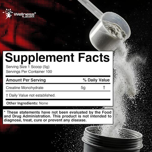 مسحوق الكرياتين مونوهيدرات من ويلنيس لابسركس 500 جرام - 100 حصة مكمل مسحوق الكرياتين المجهري، الكرياتين بدون نكهة للنساء والرجال، يدعم قوة العضلات والطاقة والقدرة على التحمل والتمرين in Kuwait