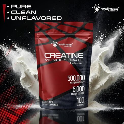 مسحوق الكرياتين مونوهيدرات من ويلنيس لابسركس 500 جرام - 100 حصة مكمل مسحوق الكرياتين المجهري، الكرياتين بدون نكهة للنساء والرجال، يدعم قوة العضلات والطاقة والقدرة على التحمل والتمرين in Kuwait