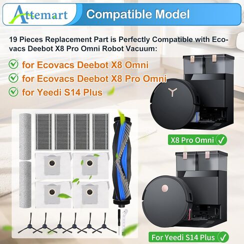 قطع غيار لـ Ecovacs Deebot X8 Pro Omni، ملحقات روبوت X8 Omni لمجموعة مكنسة Yeedi S14 Plus، 1 فرشاة رئيسية، 2 وسادة ممسحة دوارة، 4 مرشحات، 4 أكياس غبار، 6 فرش جانبية، 19 حزمة in Kuwait