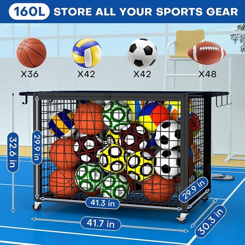 عربة تخزين كبيرة جدًا مقاس 41.7 بوصة من Boshen مع غطاء عجلات قابل للقفل ومقبض قابل للإزالة، تخزين المعدات الرياضية لكرة السلة XXL يحمل ما يصل إلى 36 كرة للمدرسة، النادي، صالة الألعاب الرياضية، المرآب in Kuwait