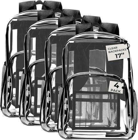 E-CLIPS USA Bulk Clear Backpack for Boys and Girls (16" high 12" wide), Clear Backpack Heavy Duty, Mochila Transparente Para Mujer, See Through Bag (4 Pack) in Kuwait