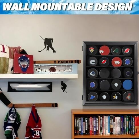 حافظة عرض 20 لعبة هوكي بوك - حامل على الحائط وحامل خزانة - صندوق ظلال هوكي بوك مع زجاج لمجموعة لعبة الهوكي، أسود كبير in Kuwait