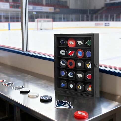 حافظة عرض 20 لعبة هوكي بوك - حامل على الحائط وحامل خزانة - صندوق ظلال هوكي بوك مع زجاج لمجموعة لعبة الهوكي، أسود كبير in Kuwait