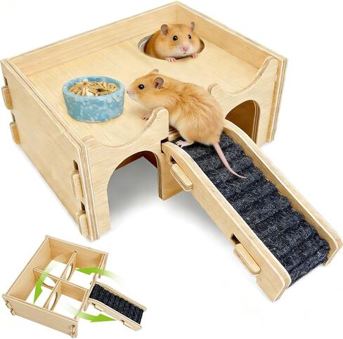 BNOSDM Wooden Hamster Hideout Syrian Hamsters Multi-Room Hideouts & Tunnel Exploring Toys Gerbils Wood House with Ladder for Dwarf Mouse Mice Rat and Other Small Animals in Saudi Arabia