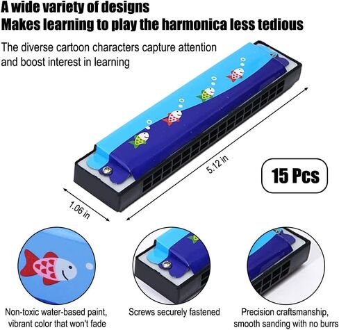 15 Pcs Cartoon Harmonica with Double Row of 16 Holes, Musical Instrument for Beginners, Adult, Goodie Bags, Party Favors, Birthday, Gifts, 15 Styles in Saudi Arabia