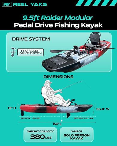 Raider Modular Fishing قوارب الكاياك - 9.5 قدم خفيفة الوزن ، الجلوس على قمة الكاياك للبالغين والشباب - التصميم المستقر والمحمول ، الموفرة للمساحة - 380 رطلاً سعة in Kuwait