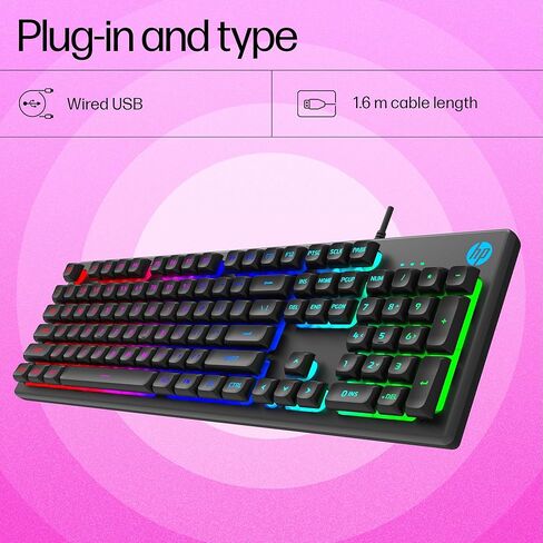 HP K500F Backlit Greass Wired Gaming Keyboard مع إضاءة ملونة مختلطة ، لوحة معدنية مع إضاءة الشعار ، 26 مفتاح مضاد للضواحي ، in Kuwait
