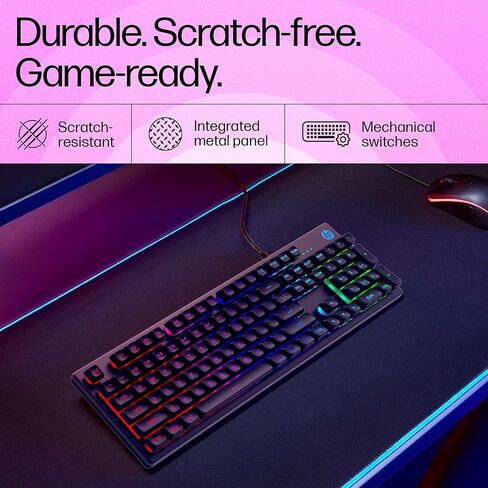 HP K500F Backlit Greass Wired Gaming Keyboard مع إضاءة ملونة مختلطة ، لوحة معدنية مع إضاءة الشعار ، 26 مفتاح مضاد للضواحي ، in Kuwait