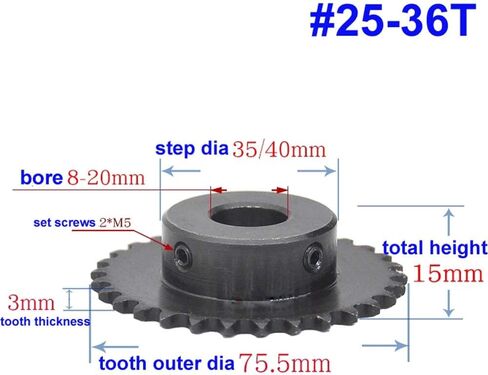 #25 Chain Drive Sprocket Wheel 36 Teeth 04C36T - 10mm Bore 1/4" Pitch For #25H Roller Chain with Set Screws (bore: 10mm) in Saudi Arabia