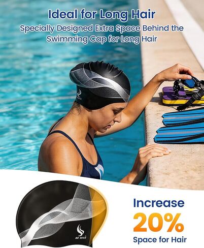 BENICE Personalized Silicone Swim Cap Men Women Adult Swimming Cap Waterproof Pool Bathing Swimming Hat Black Large Swim Caps for Long Hair, Dreadlocks, Braids, Curls & Afros in Saudi Arabia