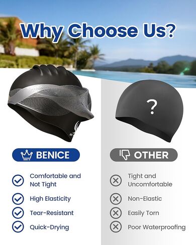 BENICE Personalized Silicone Swim Cap Men Women Adult Swimming Cap Waterproof Pool Bathing Swimming Hat Black Large Swim Caps for Long Hair, Dreadlocks, Braids, Curls & Afros in Saudi Arabia