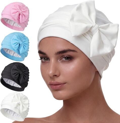 Soulchen 4 Pack Swim Caps for Women Waterproof Bathing Cap Elastic Full Coverage Swimming Turban for Long Hair Care Ear Protection, Pool, Beach, Water Sports Supplies in Saudi Arabia