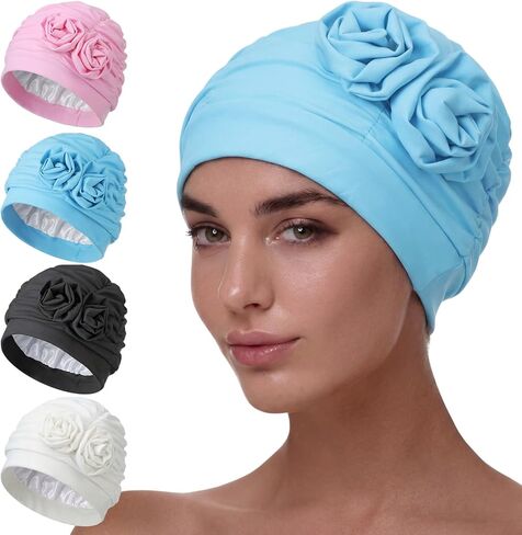 Soulchen 4 Pack Swim Caps for Women Waterproof Bathing Cap Elastic Full Coverage Swimming Turban for Long Hair Care Ear Protection, Pool, Beach, Water Sports Supplies in Saudi Arabia