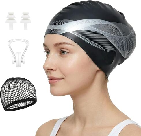 BENICE Personalized Silicone Swim Cap Men Women Adult Swimming Cap Waterproof Pool Bathing Swimming Hat Black Large Swim Caps for Long Hair, Dreadlocks, Braids, Curls & Afros in Saudi Arabia