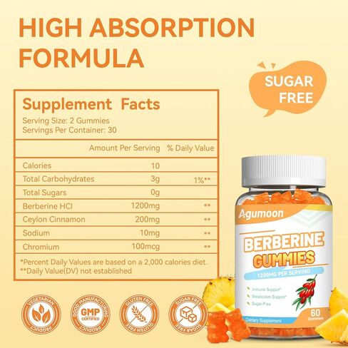 Berberine Gummies 1200mg, High Potency Berberine Supplement with Ceylon Cinnamon for Immune System & Metabolism Support, Sugar Free, Vegan, Pineapple Flavor, 60 Count in Saudi Arabia