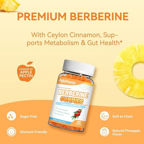 Berberine Gummies 1200mg, High Potency Berberine Supplement with Ceylon Cinnamon for Immune System & Metabolism Support, Sugar Free, Vegan, Pineapple Flavor, 60 Count in Saudi Arabia
