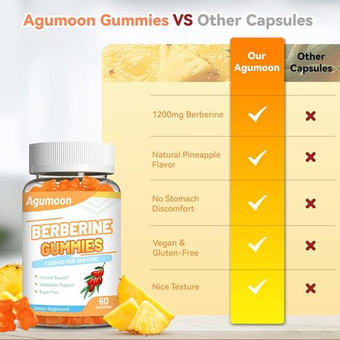 Berberine Gummies 1200mg, High Potency Berberine Supplement with Ceylon Cinnamon for Immune System & Metabolism Support, Sugar Free, Vegan, Pineapple Flavor, 60 Count in Saudi Arabia