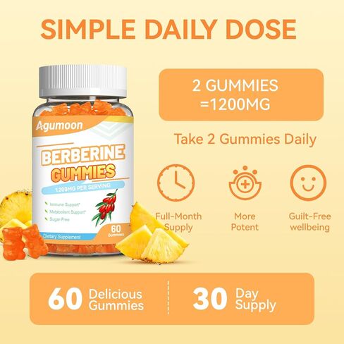 Berberine Gummies 1200mg, High Potency Berberine Supplement with Ceylon Cinnamon for Immune System & Metabolism Support, Sugar Free, Vegan, Pineapple Flavor, 60 Count in Saudi Arabia