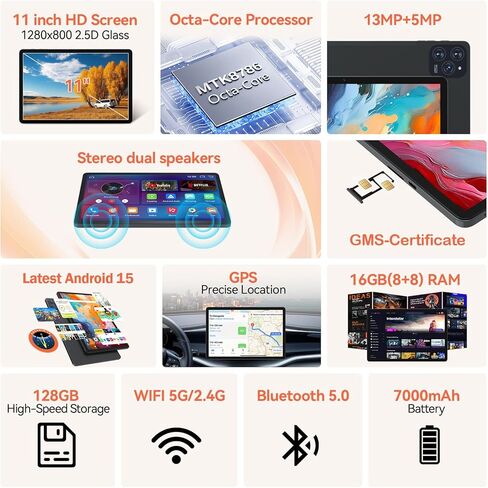 2025 Newest Android 14 Tablet 10 inch, 128GB ROM + 8GB RAM + 1TB Expandable, 2 in 1 Tablets with Keyboard/Case/Mouse, 5G WiFi, Octa-Core, GPS, 7000mAh Battery,13MP Dual Camera, Black in Kuwait