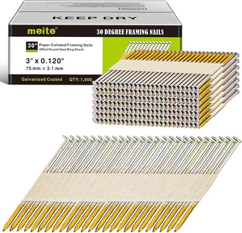 meite 30 Degree Framing Nails 2-Inch x .113 Inch, Ring Shank, Galvanized Coated, Paper Tape Collated, Offset Round Head Framing Nails for 30-34 Degree Framing Nailers (1,000 Counts) in Saudi Arabia