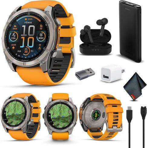 Garmin Fenix 8 43MM AMOLED Sapphire Premium Multisport GPS Smartwatch Soft Gold with Fog Gray/Sandstone Silicone Band, Built-in LED Flashlight Bundle with Accessories in Saudi Arabia