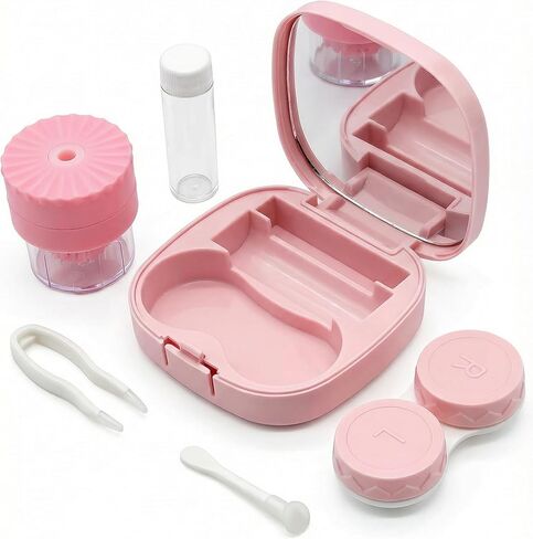 Cute Pink Contact Lens Case Kit with Cleaner Washer, Mirror & Solution Bottle, Travel Size Applicator & Remover Tool for Daily Use & Outdoor in Saudi Arabia