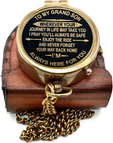 to My Grandson Engraved Brass Compass with Leather Case – Inspirational Gift from Grandfather, Vintage Pocket Navigation Tool for Travel, Hiking, Keepsake, Christmas, Birthday Present in Saudi Arabia