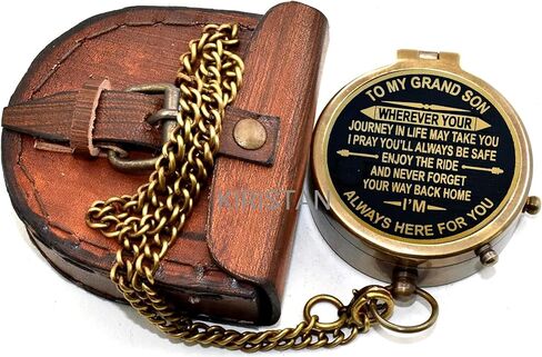 to My Grandson Engraved Brass Compass with Leather Case – Inspirational Gift from Grandfather, Vintage Pocket Navigation Tool for Travel, Hiking, Keepsake, Christmas, Birthday Present in Saudi Arabia