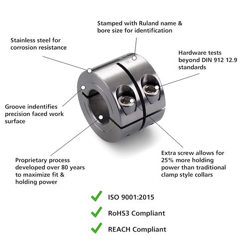 Ruland MWCL-12-SS One-Piece Clamping Shaft Collar, Double Wide, Stainless Steel, Metric, 12mm Bore, 28mm OD, 24mm Width in Kuwait