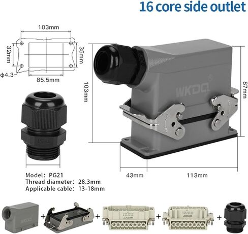 HDC HE 16-pin Industrial Connector Plug-in 16A Top/Side 6-pin Rectangular Screw Terminal(Side entry) in Saudi Arabia