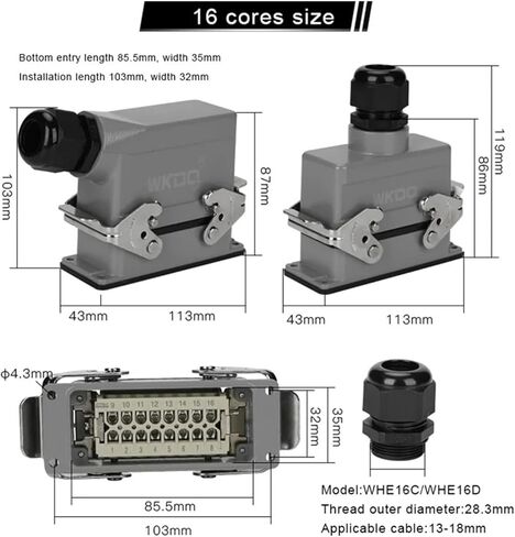 HDC HE 16-pin Industrial Connector Plug-in 16A Top/Side 6-pin Rectangular Screw Terminal(Side entry) in Saudi Arabia