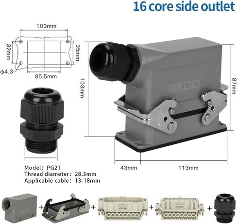 HDC HE 16-pin Industrial Connector Plug-in 16A Top/Side 6-pin Rectangular Screw Terminal(Side entry) in Saudi Arabia