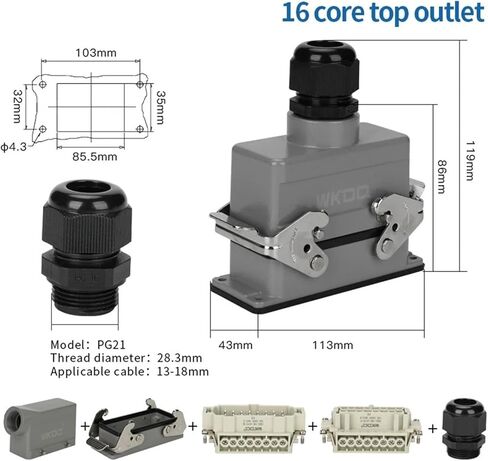 HDC HE 16-pin Industrial Connector Plug-in 16A Top/Side 6-pin Rectangular Screw Terminal(Side entry) in Saudi Arabia
