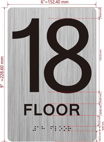 18th floor sign with Raised letters/Image & Grade 2 Braille - Includes Red Adhesive pad for Easy Installation (6" W x 9" H,Brushed Aluminum/silver, Tacticle Sign) - The park Ave Line in Saudi Arabia