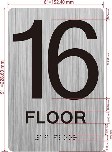 16th floor sign with Raised letters/Image & Grade 2 Braille - Includes Red Adhesive pad for Easy Installation (6" W x 9" H,Brushed Aluminum/silver, Tacticle Sign) - The park Ave Line in Saudi Arabia
