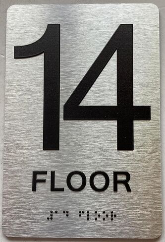 14th floor sign with Raised letters/Image & Grade 2 Braille - Includes Red Adhesive pad for Easy Installation (6" W x 9" H,Brushed Aluminum/silver, Tacticle Sign) - The park Ave Line in Saudi Arabia