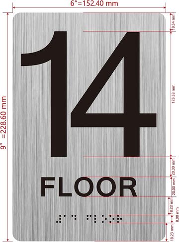 14th floor sign with Raised letters/Image & Grade 2 Braille - Includes Red Adhesive pad for Easy Installation (6" W x 9" H,Brushed Aluminum/silver, Tacticle Sign) - The park Ave Line in Saudi Arabia