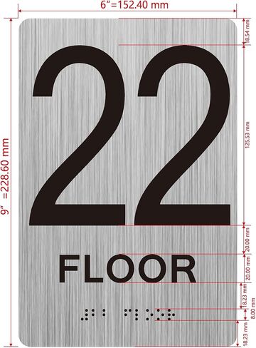 22th floor sign with Raised letters/Image & Grade 2 Braille - Includes Red Adhesive pad for Easy Installation (6" W x 9" H,Brushed Aluminum/silver, Tacticle Sign) - The park Ave Line in Saudi Arabia