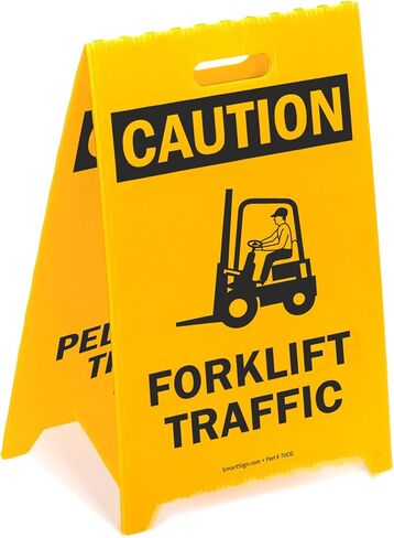 SmartSign 'Caution Forklift Traffic/No Pedestrian Traffic' Reversible Folding Floor Sign, 2-Sided Corrugated Plastic, Standing Floor A-Frame Sign, 20" x 11", Made in USA in Saudi Arabia