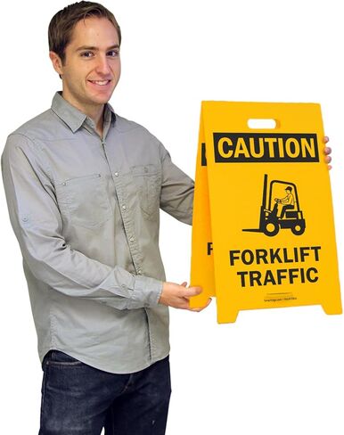 SmartSign 'Caution Forklift Traffic/No Pedestrian Traffic' Reversible Folding Floor Sign, 2-Sided Corrugated Plastic, Standing Floor A-Frame Sign, 20" x 11", Made in USA in Saudi Arabia