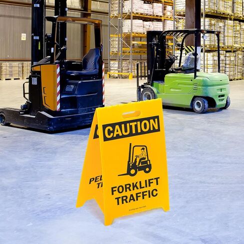 SmartSign 'Caution Forklift Traffic/No Pedestrian Traffic' Reversible Folding Floor Sign, 2-Sided Corrugated Plastic, Standing Floor A-Frame Sign, 20" x 11", Made in USA in Saudi Arabia